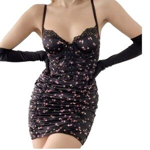 For Love And Lemons Pansy Floral Mini Dress Small Black Gathered Corset Bustier